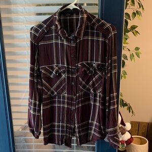 Sanctuary Burgundy Plaid Button-Up Shirt with Yellow and Cream Stripes